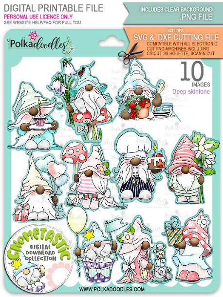 Gnome-tastic collection -  10 deep skintone PRECOLOURED digital stamp printable download with free SVG /DXF file included
