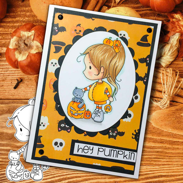 Spooky Kitty Cat Pumpkin Halloween (precolored light skintones)- printable digital stamp download with free SVG /DXF files