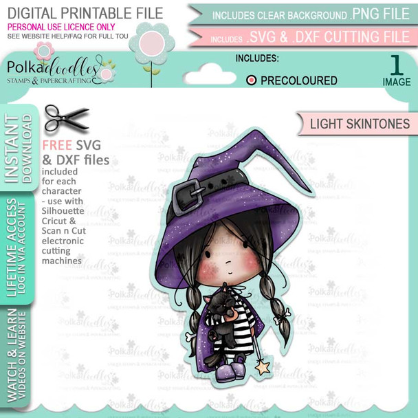 Cute Little Witch Halloween (precolored light skintones)- printable digital stamp download with free SVG /DXF files