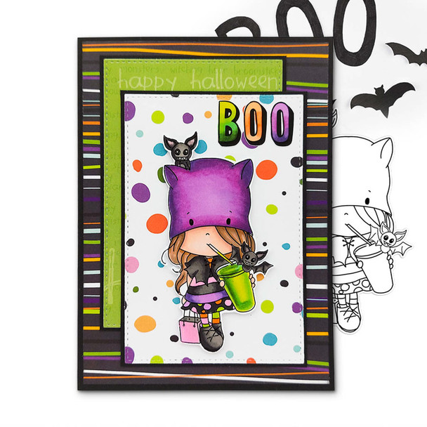 Bat Girl Halloween (precolored deep skintones)- printable digital stamp download with free SVG /DXF files