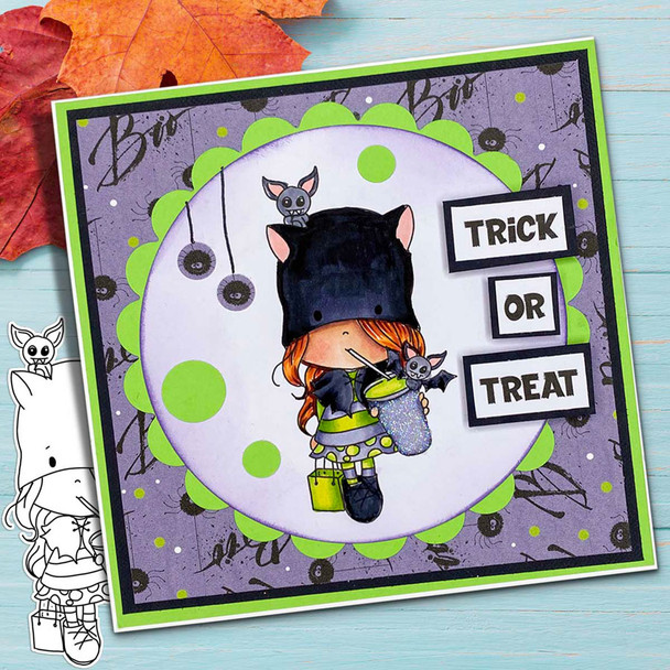 Bat Girl Halloween (precolored deep skintones)- printable digital stamp download with free SVG /DXF files
