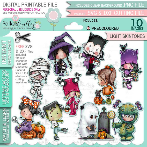 Boo Halloween precolored light skintones big bundle - 10 x printable digital stamp download with free SVG /DXF files