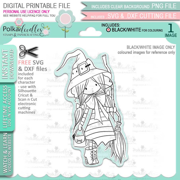 Matilda Witch Halloween - printable digital stamp download with free SVG /DXF files