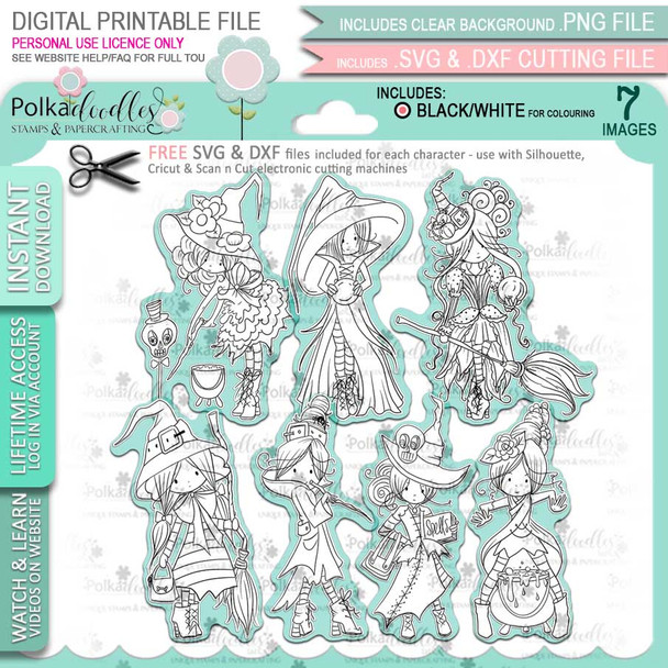 Spellbinding Witches big bundle - 7 x printable digital stamp download with free SVG /DXF files