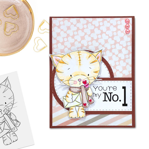 Suki Cat/Kitten with Mail & Lollipop (precoloured 1) - Too Cute printable craft digital stamp download with free SVG /DXF files