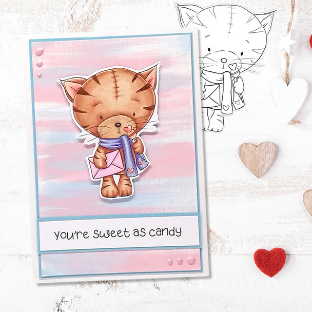 Suki Cat/Kitten with Mail & Lollipop (precoloured 1) - Too Cute printable craft digital stamp download with free SVG /DXF files