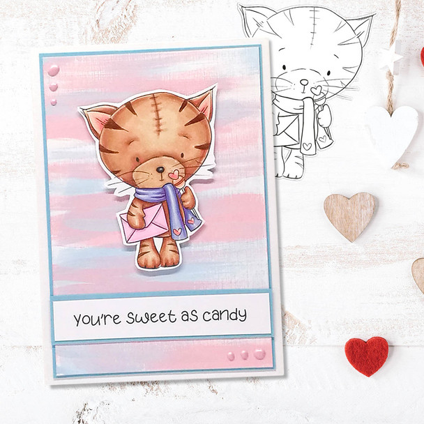 Suki Cat/Kitten with Mail & Lollipop (precoloured 3) - Too Cute printable craft digital stamp download with free SVG /DXF files