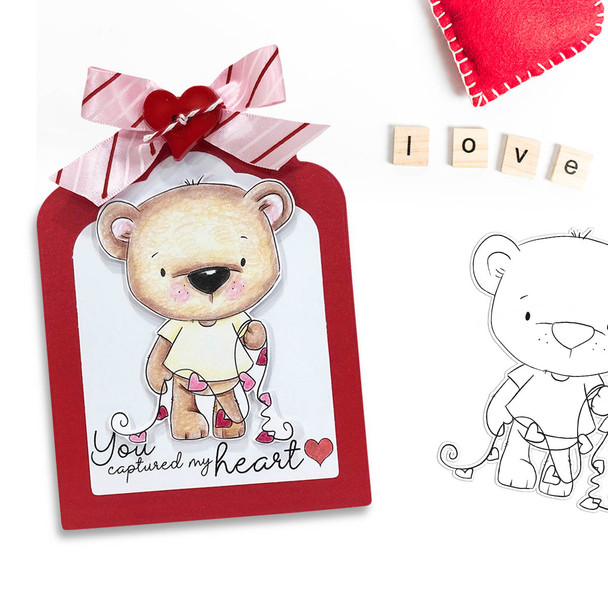 Bobby Bear with Heart Bunting - Too Cute printable craft digital stamp download with free SVG /DXF files