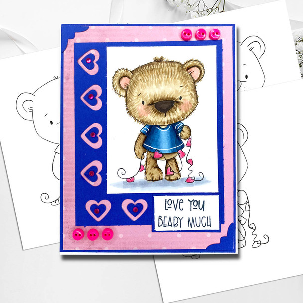 Bobby Bear with Heart Bunting - Too Cute printable craft digital stamp download with free SVG /DXF files