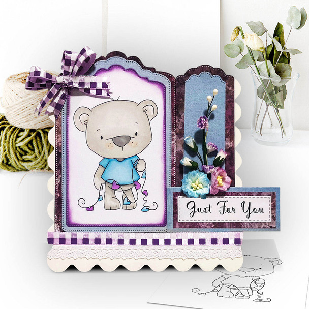 Bobby Bear with Heart Bunting (precoloured ) - Too Cute printable craft digital stamp download with free SVG /DXF files