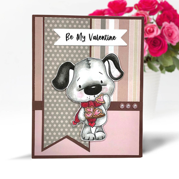 Scruff Dog with Heart Cookies (precoloured 2 ) - Too Cute printable craft digital stamp download with free SVG /DXF files