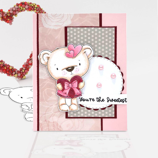Bella Bear with Heart gift - Cute digital stamp/clipart for cards, cardmaking, crafting and stickers