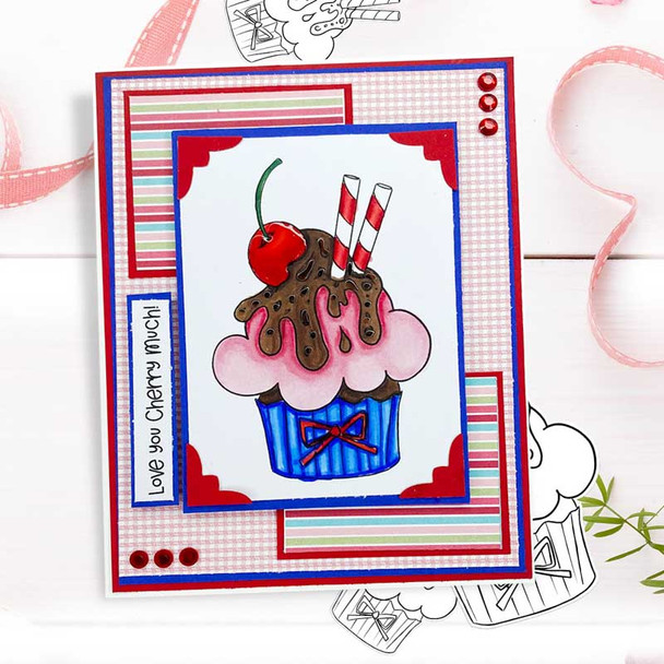 cardmaking idea - Cherry Chocolate Sundae Cupcake - printable craft digital stamp download with free SVG /DXF files