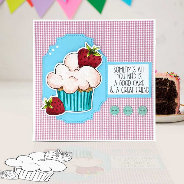 Strawberry Cream Cupcake card idea  - printable craft digital stamp download with free SVG /DXF files