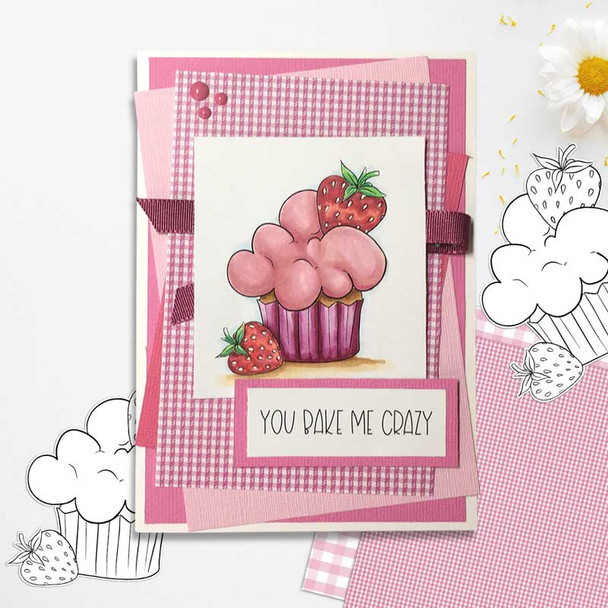 Strawberry Cream Cupcake card idea  - printable craft digital stamp download with free SVG /DXF files