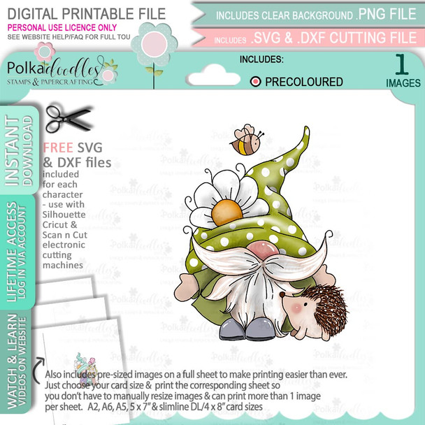 Spring Hedgehog Gnome (precoloured) - printable craft digital stamp download with free SVG /DXF files