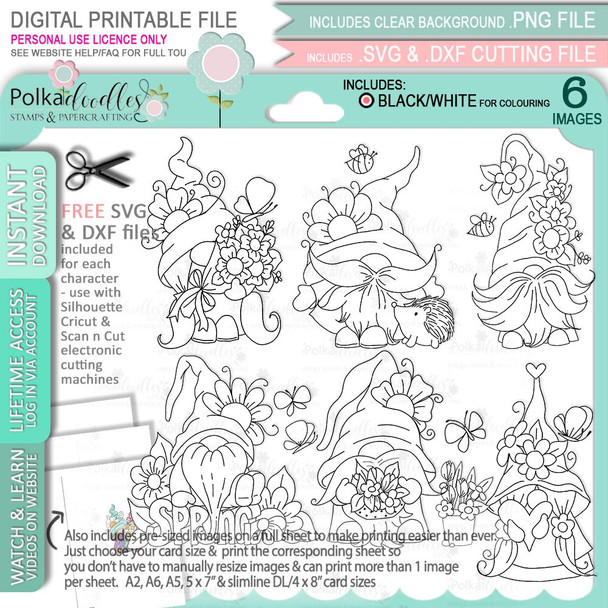 Spring Gnomes digital stamps - 6 printable craft digistamps with Free SVG filesSpring Gnomes - 6 printable digital stamps, colour clipart, papers, gnome quotes and SVG files for cardmaking and crafting