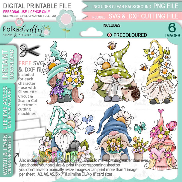 Spring Gnomes - 6 printable digital stamps, colour clipart, papers, gnome quotes and SVG files for cardmaking and crafting