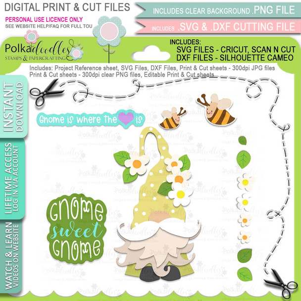 Spring Gnome Print and Cut SVG/DXF Files for cards, cardmaking, crafting and stickers