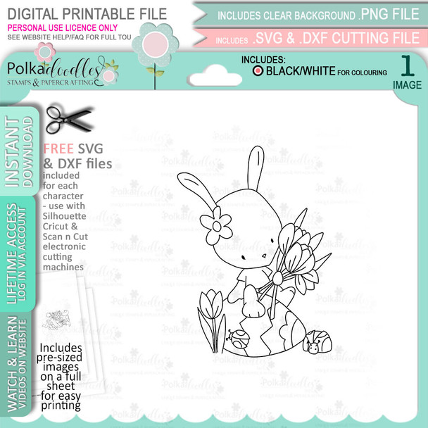 Cute Bunny Rabbit sitting on Easter Egg - digital stamp, digistamp for cards, cardmaking, crafting and stickers