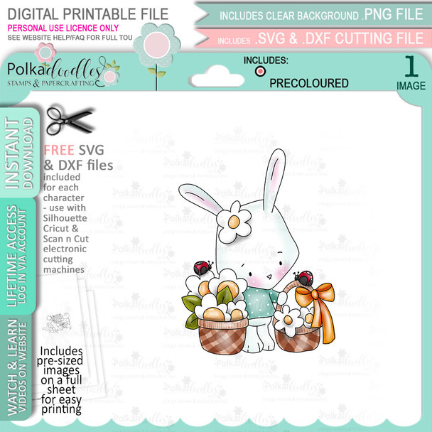 Cute Bunny Rabbit Easter Egg Basket COLOUR printable clipart digital stamp, digistamp for handmade cards, cardmaking, craft, stickers