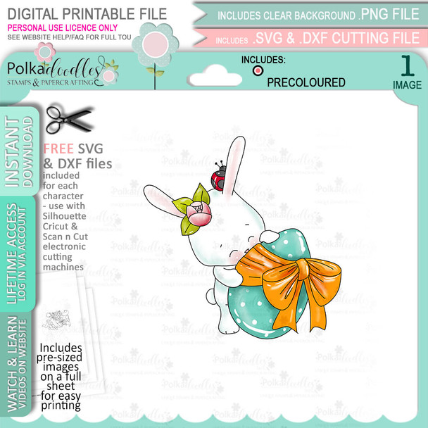 Bunny Rabbit with Easter Egg - COLOUR clipart digital stamp, digistamp for cards, cardmaking, crafting and stickers