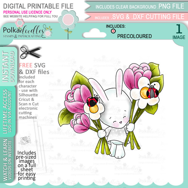 Bunny Rabbit with Bunch of Flowers - COLOUR clipart digital stamp, digistamp for cards, cardmaking, crafting and stickers