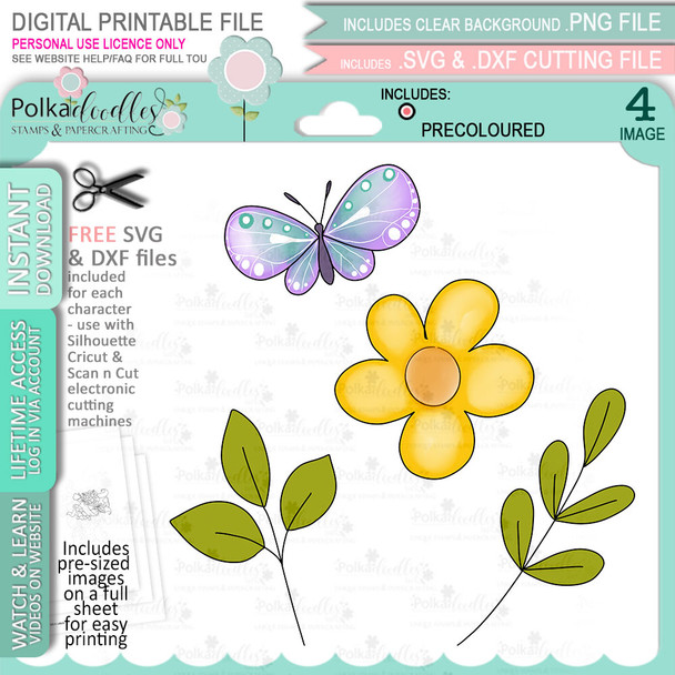 Garden flower leaves butterfly - COLOUR clipart digital stamp, digistamp for cards, cardmaking, crafting and stickers