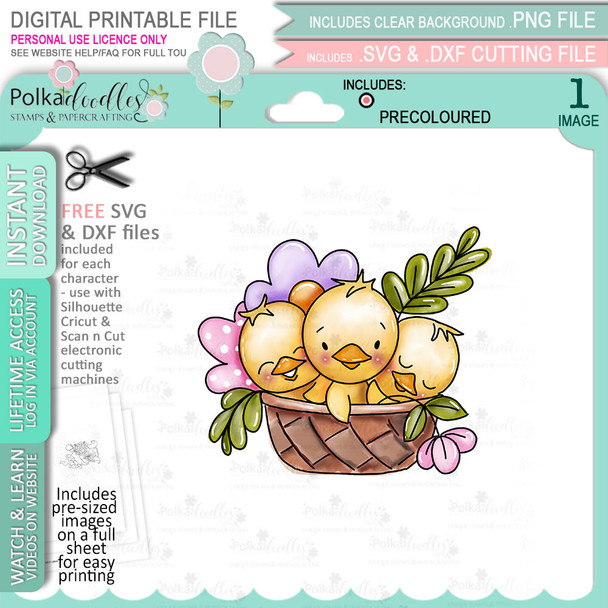 Chicks in a Basket - COLOUR printable clipart digital stamp, digistamp for cards, cardmaking, crafting and stickers