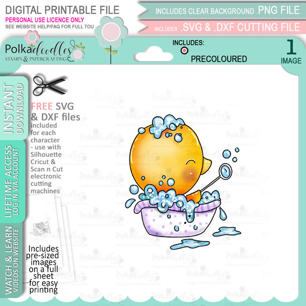Bath Time Chick bubbles - COLOUR printable clipart digital stamp, digistamp for cards, cardmaking, crafting and stickers