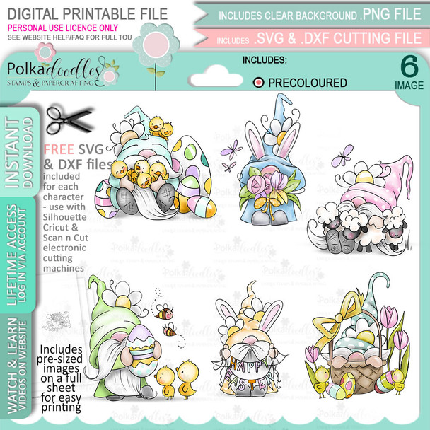 Happy Easter - 6 Gnomes COLOUR - cute printable clipart digital stamp, digistamp for cards, cardmaking, crafting and stickers