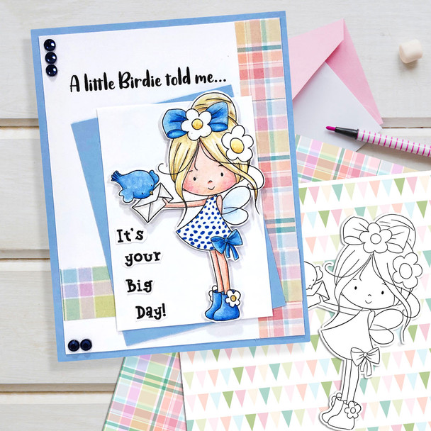 Bluebird with Letter - (Colour - DEEP skintone)Winnie Daisy Fairy cute girl printable clipart digital stamp, digistamp for cards, cardmaking, crafting and stickers