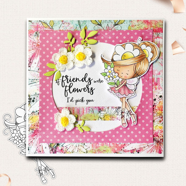 Flower Fairy Dancing Bouquet - Winnie Daisy Fairy cute girl printable clipart digital stamp, digistamp for cards, cardmaking, crafting and stickers