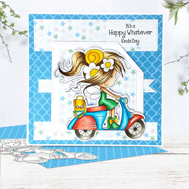 Flower Fairy on a Scooter/moped/bike -  Winnie Daisy Fairy cute girl printable clipart digital stamp, digistamp for cards, cardmaking, crafting and stickers
