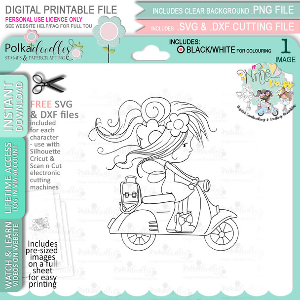 Flower Fairy on a Scooter/moped/bike -  Winnie Daisy Fairy cute girl printable clipart digital stamp, digistamp for cards, cardmaking, crafting and stickers