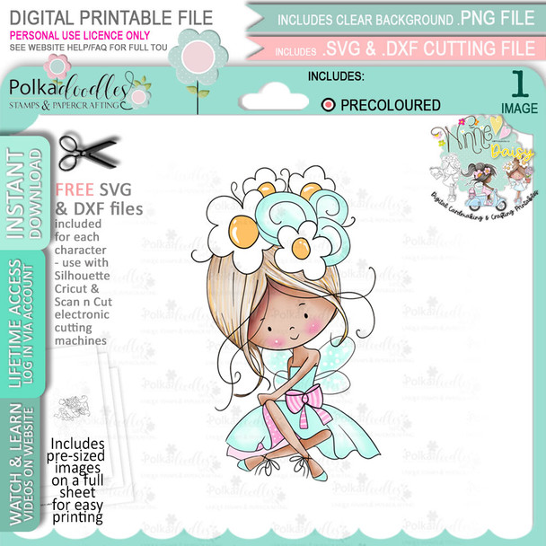 Flower Fairy sitting - (Colour - LIGHT skintone) Winnie Daisy Fairy cute girl printable clipart digital stamp, digistamp for cards, cardmaking, crafting and stickers