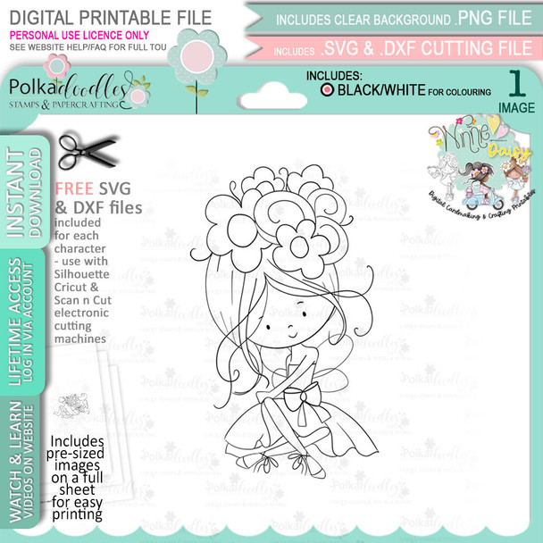 Flower Fairy sitting - Winnie Daisy Fairy cute girl printable clipart digital stamp, digistamp for cards, cardmaking, crafting and stickers