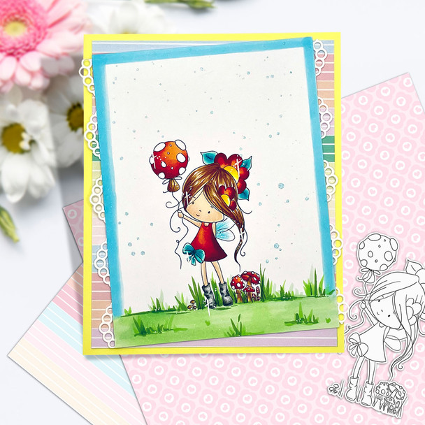 Flower Fairy holding a toadstool balloon - Winnie Daisy Fairy cute girl printable clipart digital stamp, digistamp for cards, cardmaking, crafting and stickers