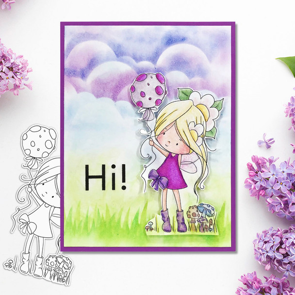 Flower Fairy holding a toadstool balloon - (Colour - DEEP skintone) Winnie Daisy Fairy cute girl printable clipart digital stamp, digistamp for cards, cardmaking, crafting and stickers