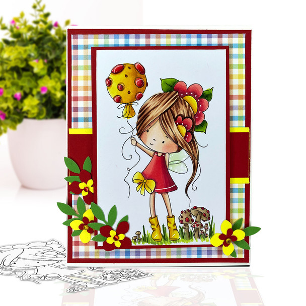 Flower Fairy holding a toadstool balloon - Winnie Daisy Fairy cute girl printable clipart digital stamp, digistamp for cards, cardmaking, crafting and stickers