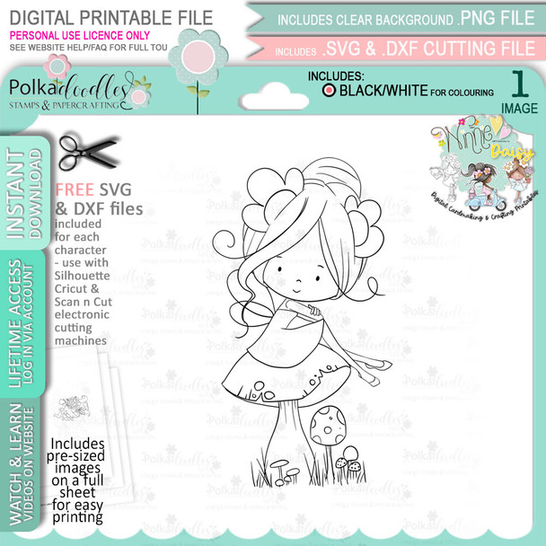 Flower Fairy sitting on a toadstool - Winnie Daisy Fairy cute girl printable clipart digital stamp, digistamp for cards, cardmaking, crafting and stickers