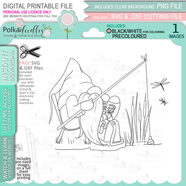 Fishing Gnome For Men printable clipart digital stamp, digistamp for cards, cardmaking, crafting and stickers