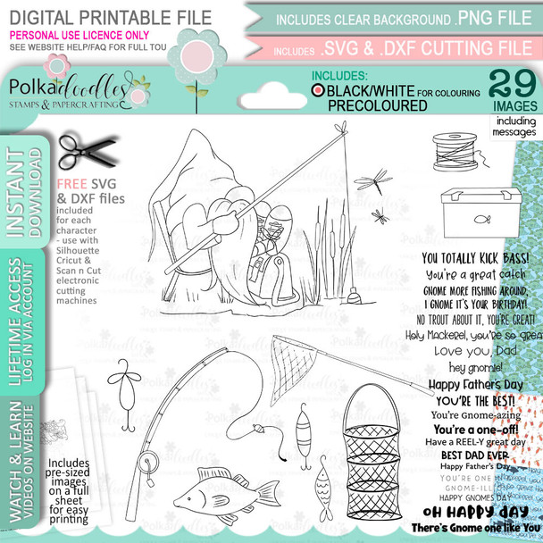 Fishing Gnome For Men - Bundle of printable clipart digital stamp, digistamp for cards, cardmaking, crafting and stickers