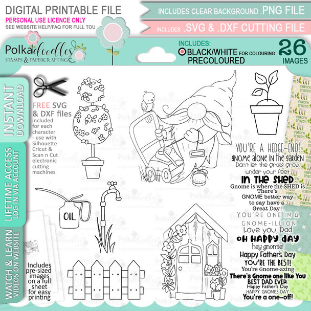 Lawn Mower Gnome For Men - Bundle of printable clipart digital stamp, digistamp for cards, cardmaking, crafting and stickers