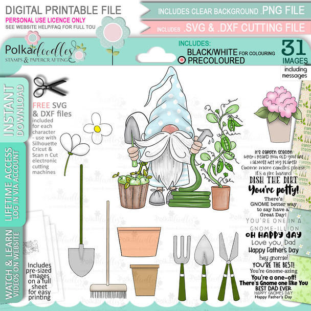 Watering Garden Plants Gnome For Men - COLOUR Bundle of printable clipart digital stamp, digistamp for cards, cardmaking, crafting and stickers