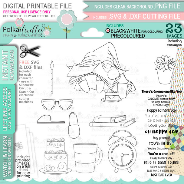 Retire & Snooze Gnome For Men - Bundle of printable clipart digital stamp, digistamp for cards, cardmaking, crafting and stickers