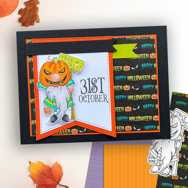 Pumpkin Head Halloween Gnome digital stamp - printable clipart for cardmaking, craft, scrapbooking & stickers