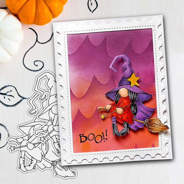 Witch Broomstick Halloween Gnome digital stamp - (COLOUR) printable clipart  for cardmaking, craft, scrapbooking & stickers
