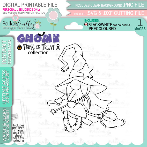 Witch Broomstick Halloween Gnome digital stamp - printable clipart  for cardmaking, craft, scrapbooking & stickers