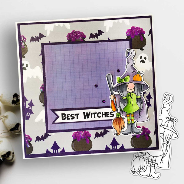 Cute Witch Halloween Gnome digital stamp - (COLOUR) printable clipart  for cardmaking, craft, scrapbooking & stickers
